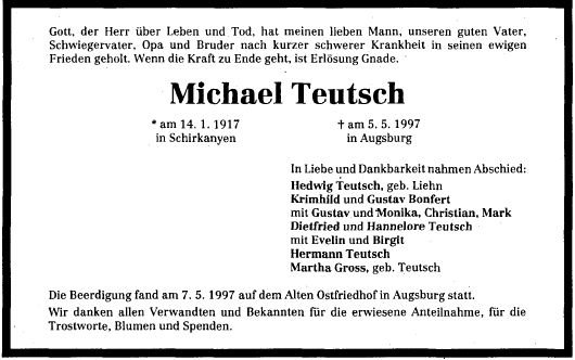 Teutsch Michael 1917-1997 Todesanzeige